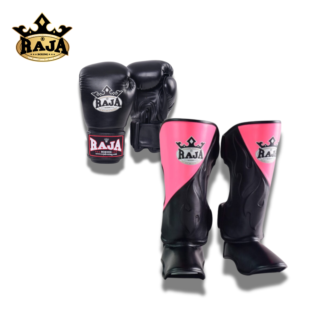 Raja Sparring Set Leather Cut On Black/Pink - KICKPUNCHELBOW
