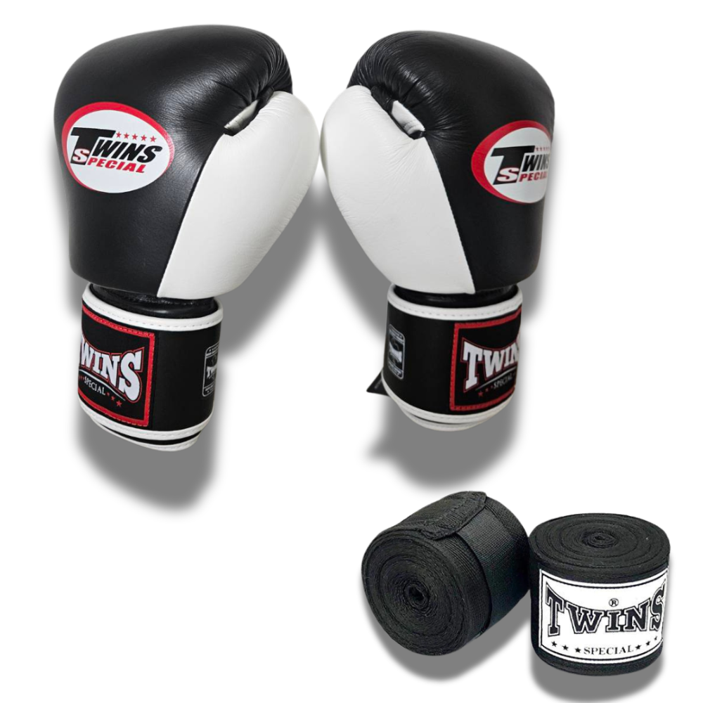 Twins Special BGVL3 Velcro Boxing Gloves and Wraps - Black White