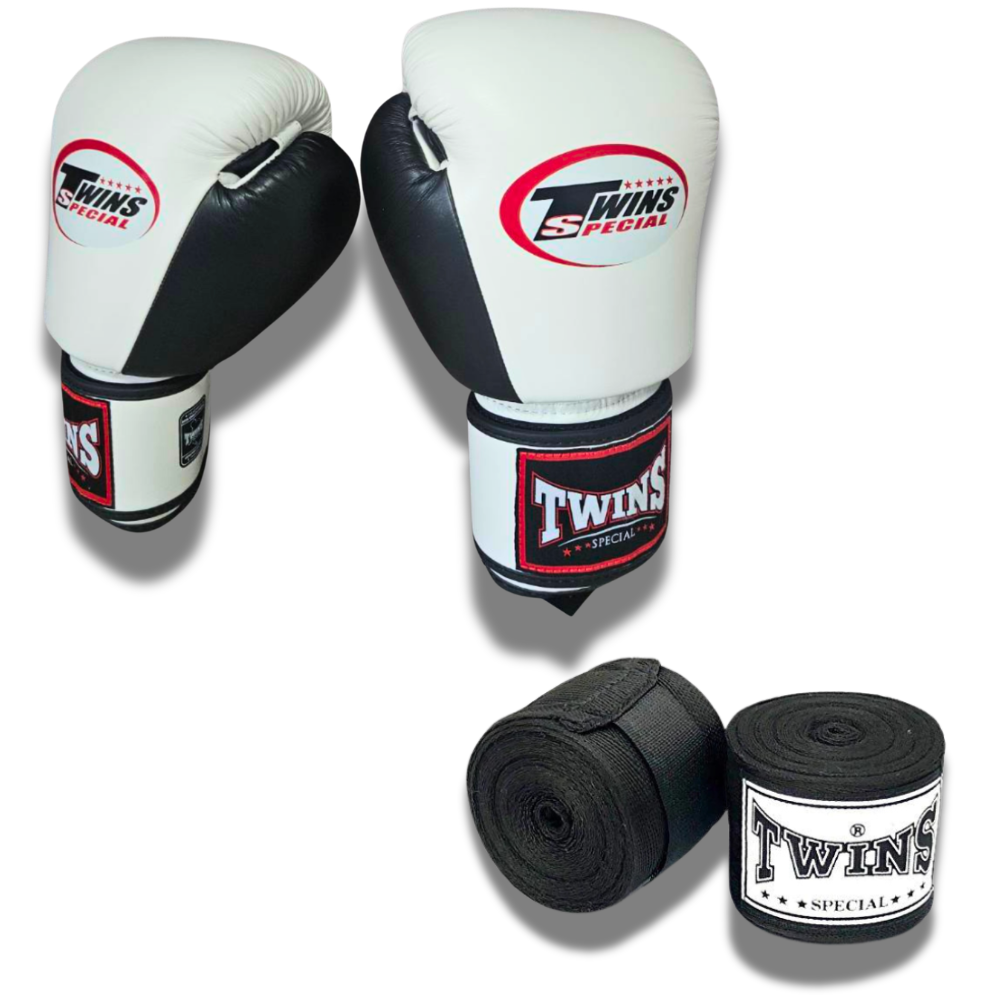 Twins Special BGVL3 Velcro Boxing Gloves and Wraps - White Black