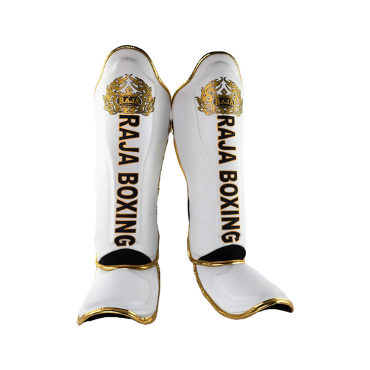 Authentic Leather Raja Shin Guards Lightweight White/Gold - KICKPUNCHELBOW