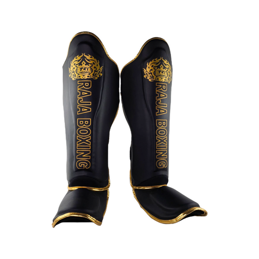 Authentic Leather Raja Shin Guards Lightweight Black/Gold - KICKPUNCHELBOW