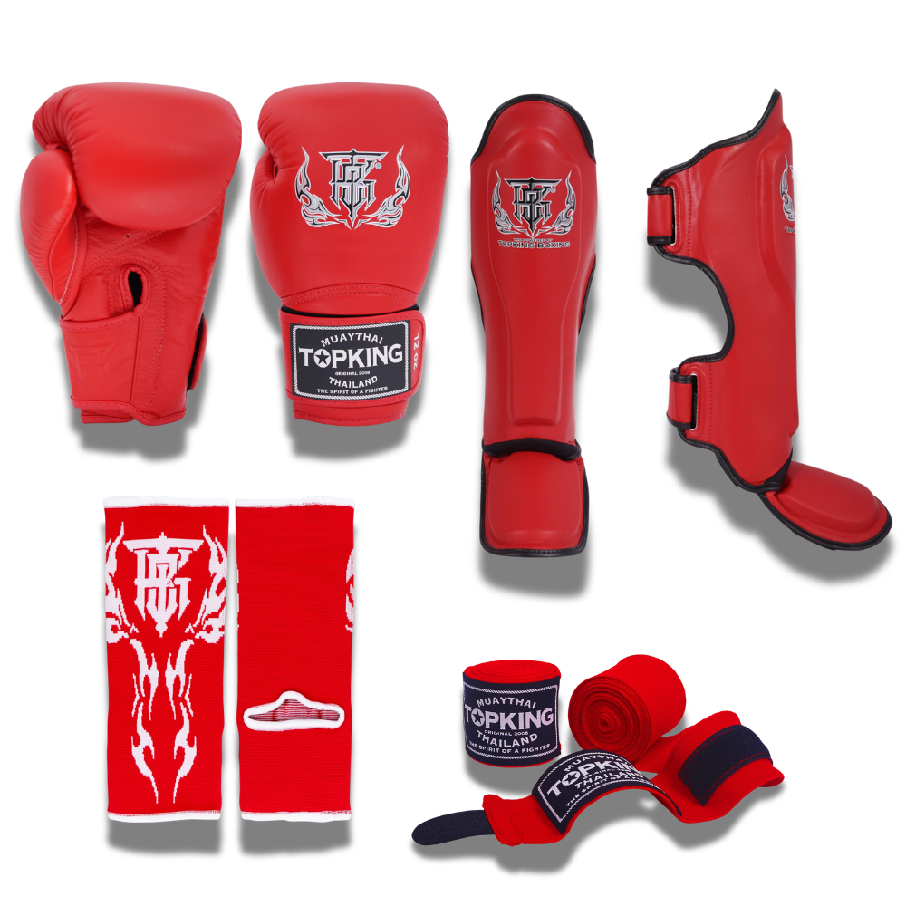 Top King - Sparring Set - Pro Gloves/Pro Shin Guards/TKB Handwraps/01 Ankle Guards -red