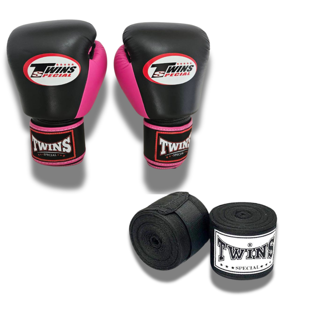 Twins Special BGVL3 Velcro Boxing Gloves and Wraps - Black Pink