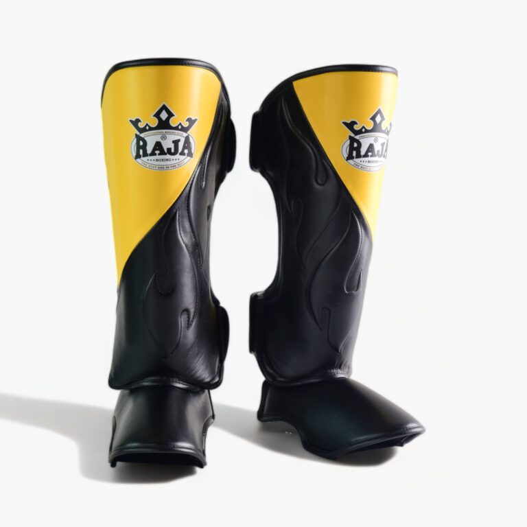 Authentic Leather Raja Shin Guards Cut On Yellow - KICKPUNCHELBOW