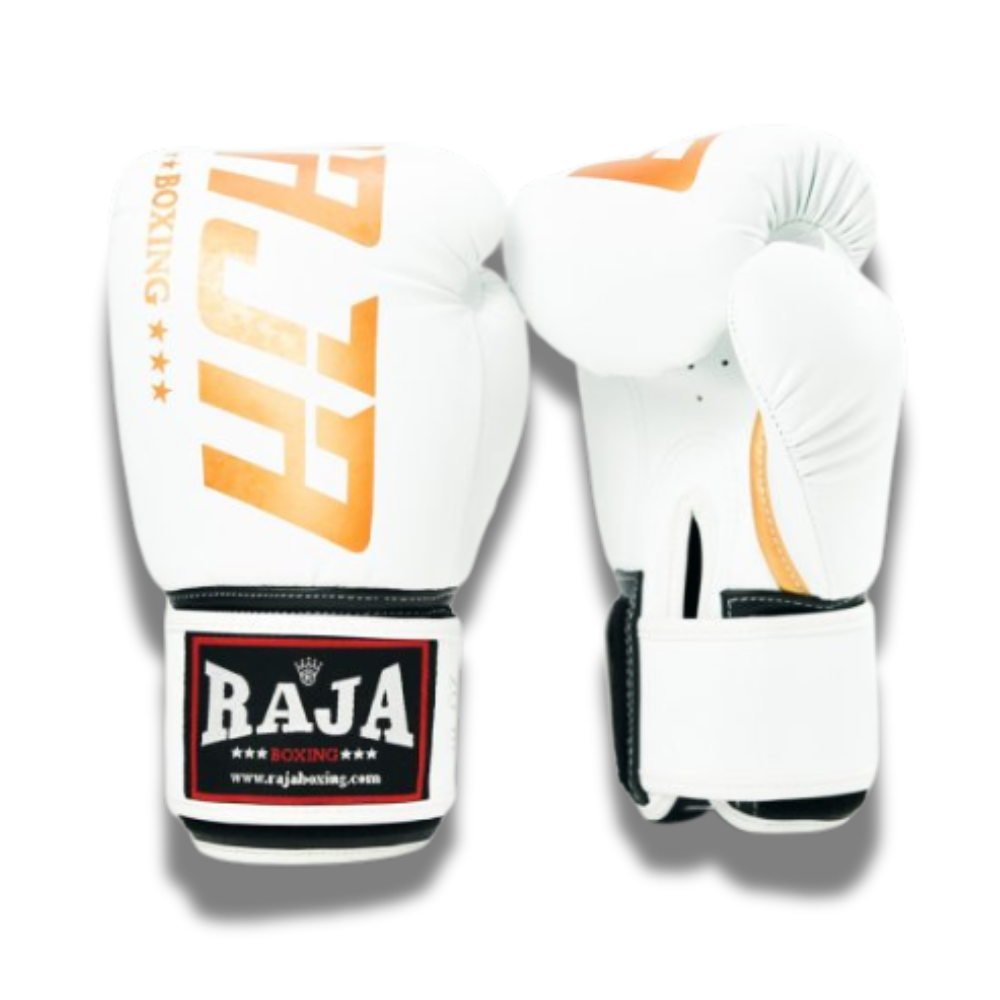Raja Gloves Velcro boxing Gloves- Microfibre Big Text - White