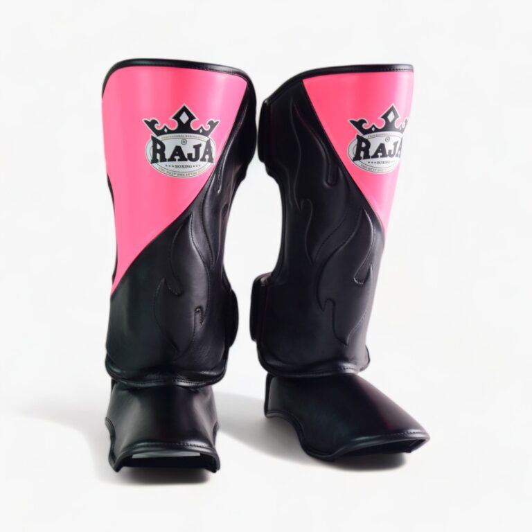 Authentic Leather Raja Shin Guards Cut On Red - KICKPUNCHELBOW
