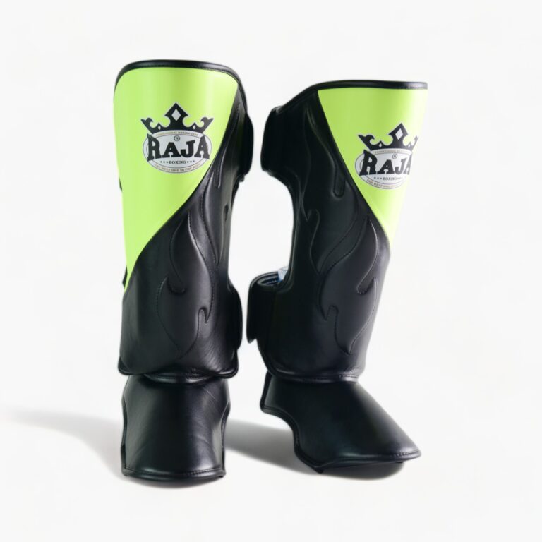 Authentic Leather Raja Shin Guards Cut On Red - KICKPUNCHELBOW