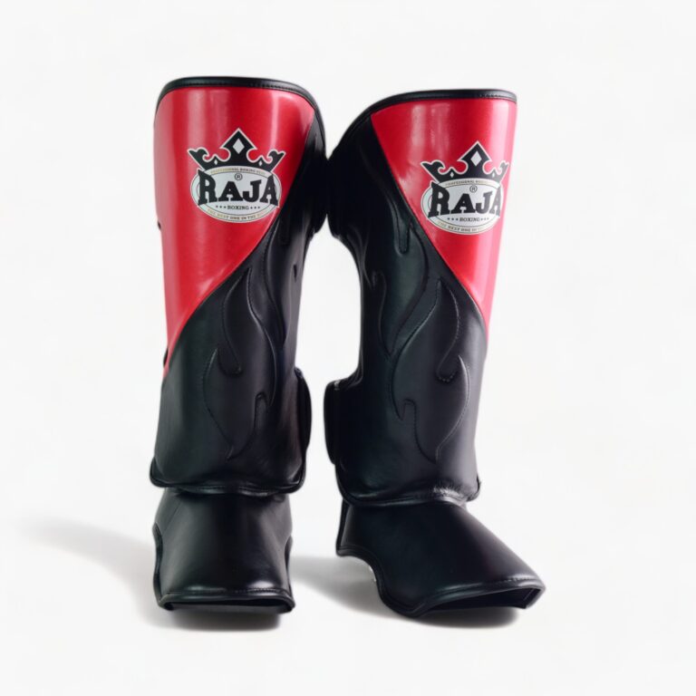 Authentic Leather Raja Shin Guards Cut On Red - KICKPUNCHELBOW