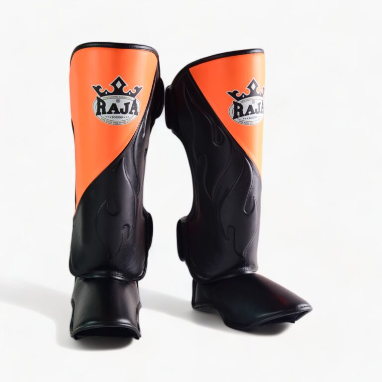 Authentic Leather Raja Shin Guards Cut On Red - KICKPUNCHELBOW