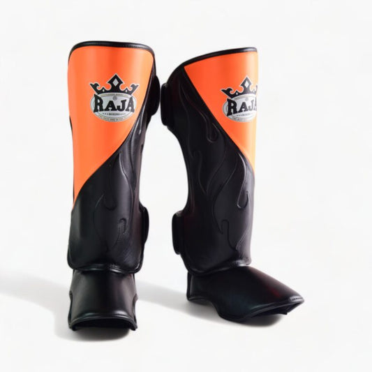 Authentic Leather Raja Shin Guards Cut On Red - KICKPUNCHELBOW