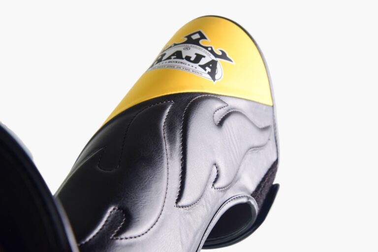 Authentic Leather Raja Shin Guards Cut On Red - KICKPUNCHELBOW
