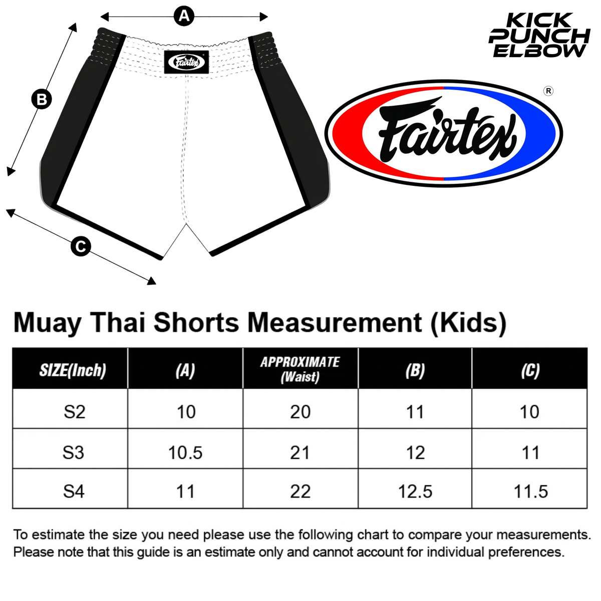 fairtex kids muay thai shorts size guide