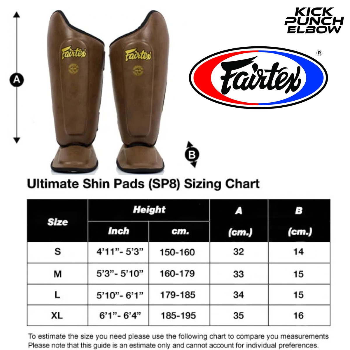 Fairtex SP8 Muay Thai shin guard size chart
