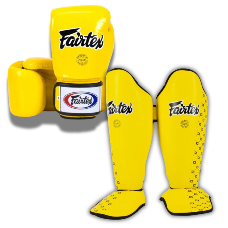 Fairtex sparring set in yellow – BGV1 Muay Thai gloves and SP5 shin guards