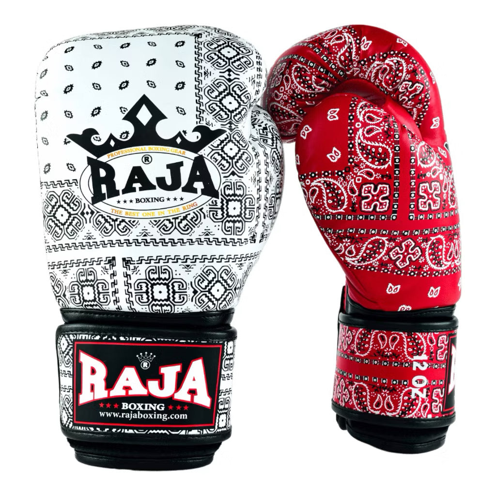 Raja Fancy Gloves - Thai Style White /Red Authentic Leather