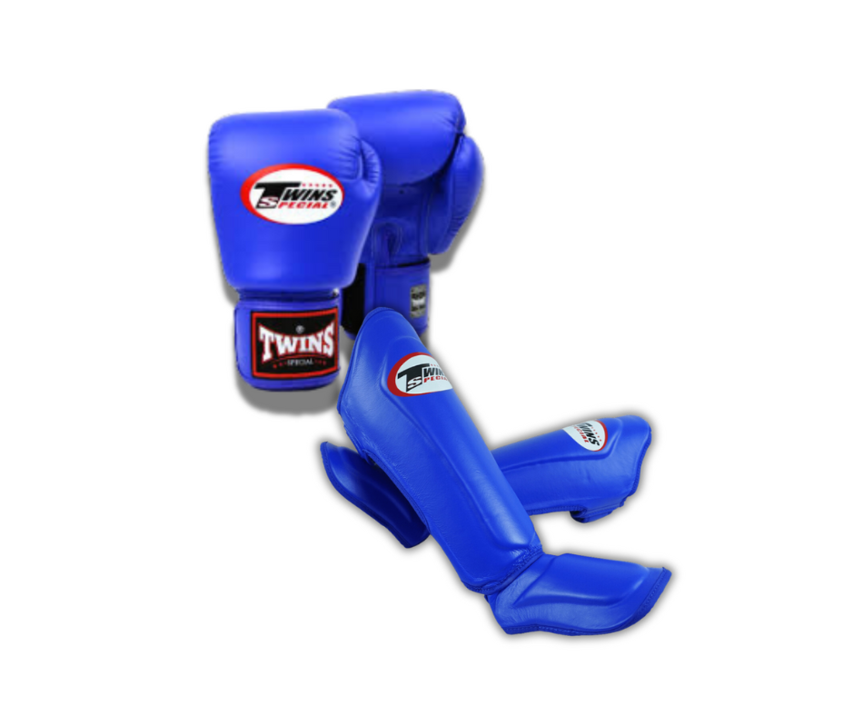 Twins Special Sparring Set BGVL3 Gloves/SGL10 Shin Guards in Blue, front view