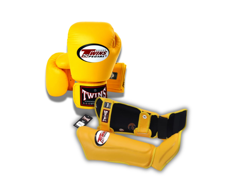 Twins Special Sparring Set BGVL3 Gloves/SGL10 Shin Guards in Yellow, front view