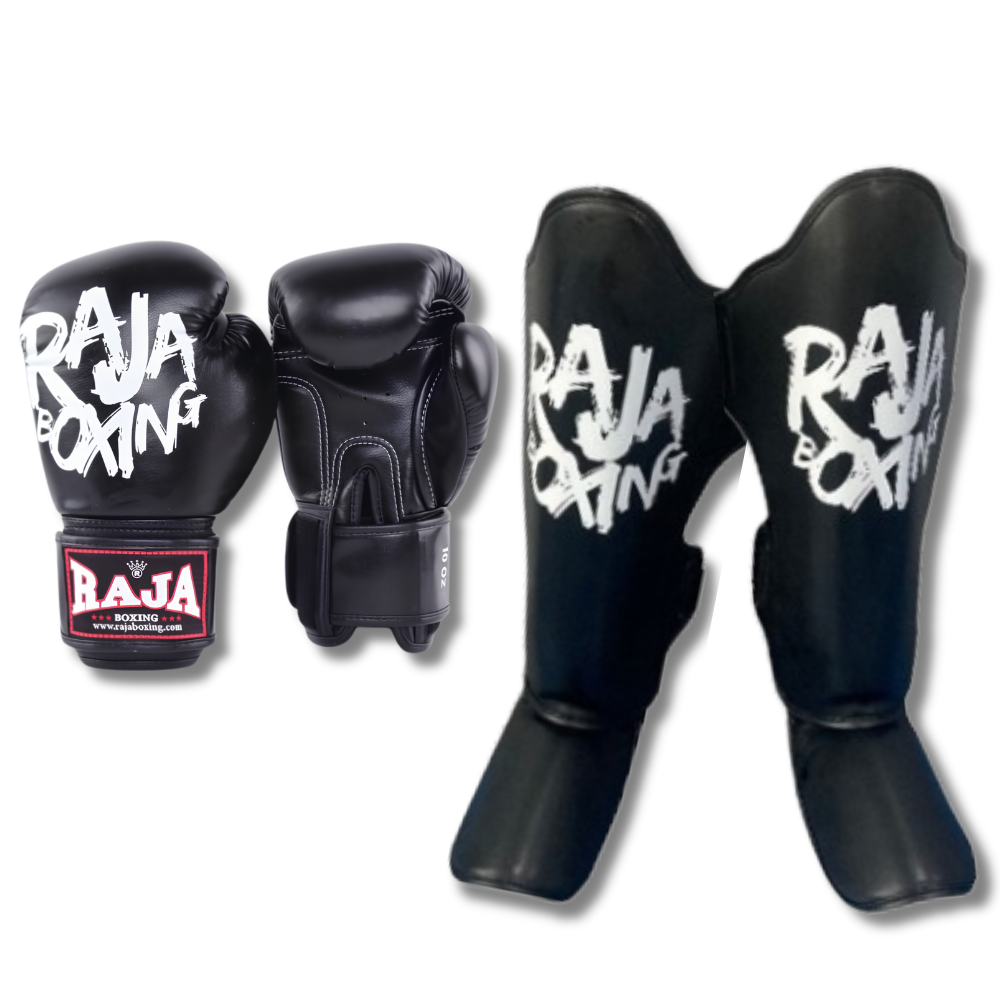Raja Boxing - Sparring Set - Microfibre Graffiti V4 Gloves/Shin Guards - Black