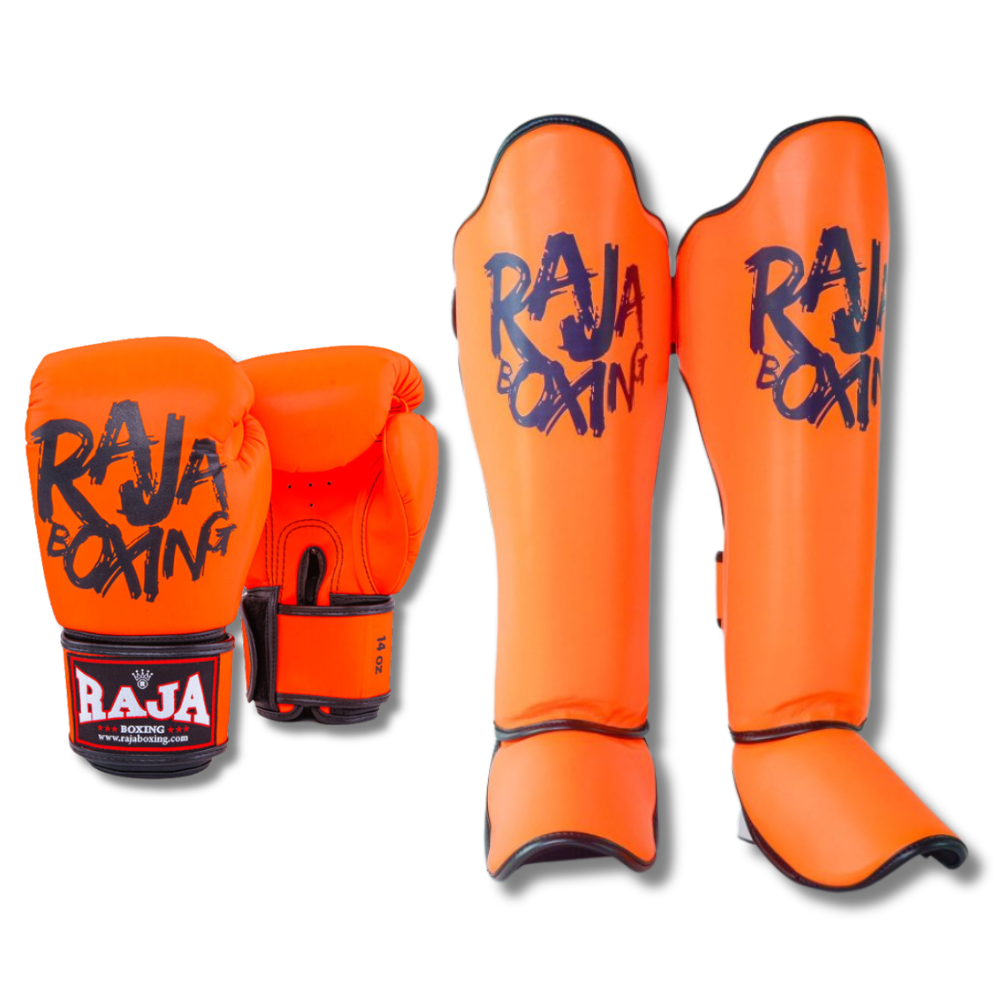 Raja Boxing - Sparring Set - Microfibre Graffiti V4 Gloves/Shin Guards - Orange
