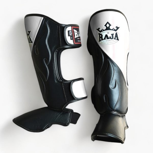 Authentic Leather Raja Shin Guards Cut On White - KICKPUNCHELBOW