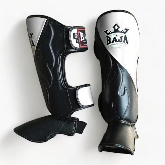 Authentic Leather Raja Shin Guards Cut On White - KICKPUNCHELBOW