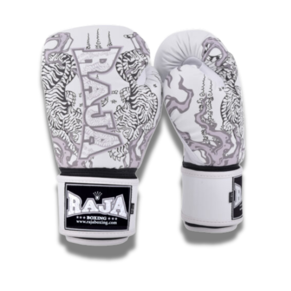 Raja Boxing - Velcro Boxing Gloves –  Semi Leather Black Yant RFBGV_153 - White