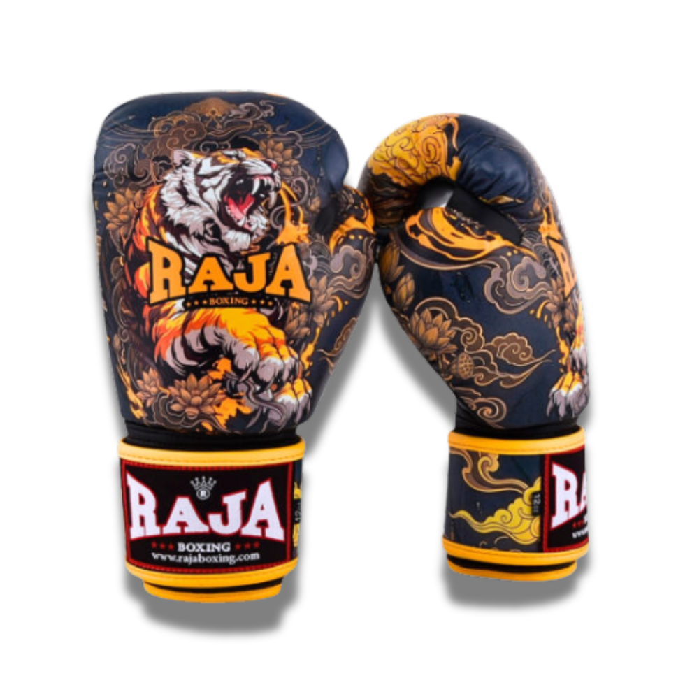 Raja Boxing - Velcro Boxing Gloves – Semi Leather Golden Tiger RFBGV_154 - Black