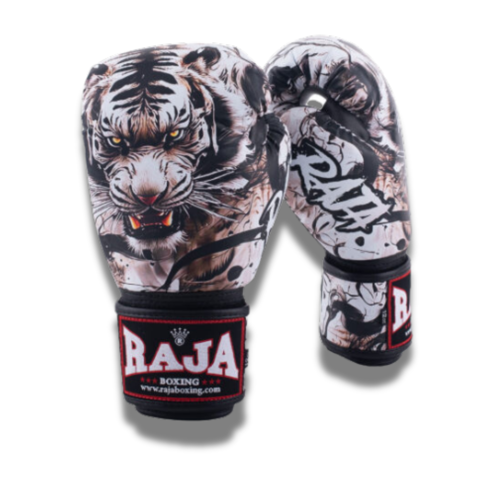 Raja Boxing - Velcro Boxing Gloves – Semi Leather Golden Tiger RFBGV_154 - Black
