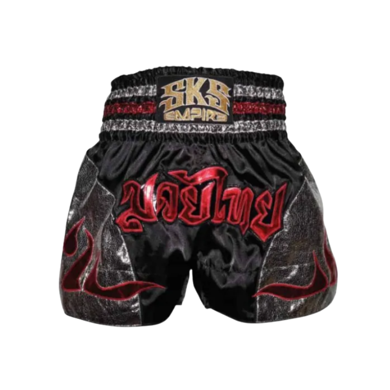 SKS Empire Muaythai Thai Shorts -Fire (Black/Silver/Red)