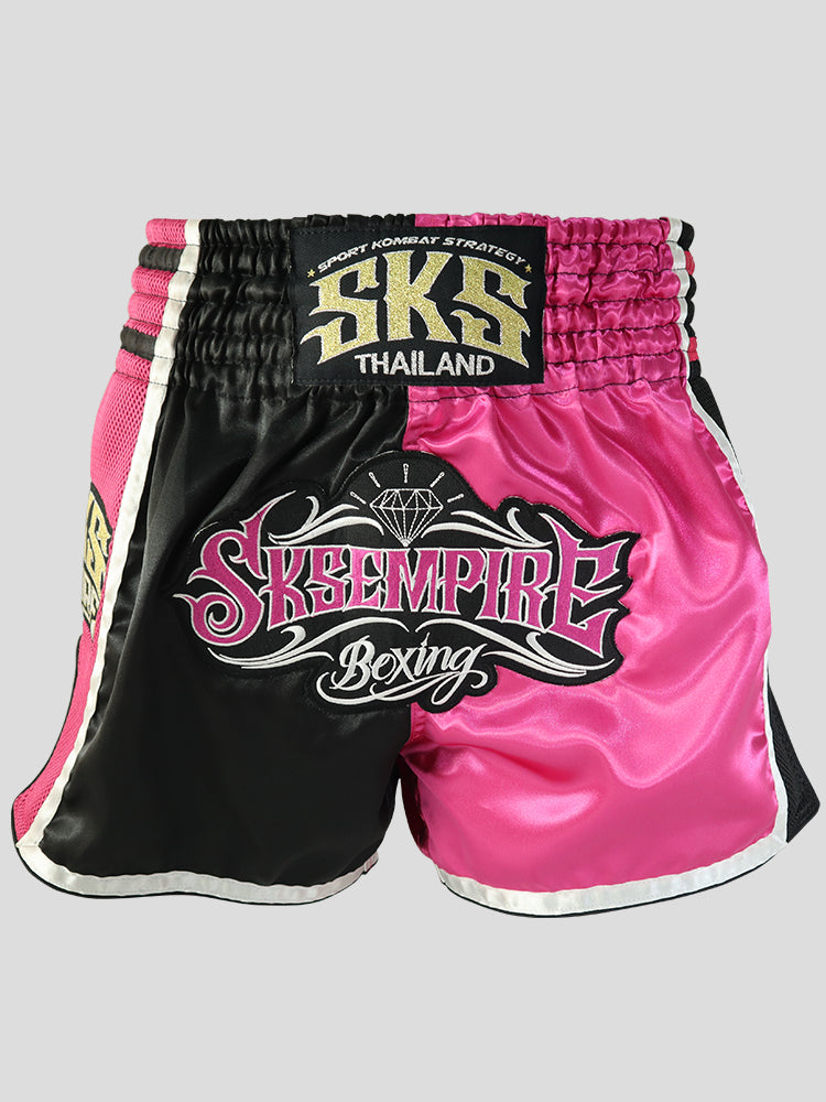 SKS Empire Retro Muaythai Thai Shorts -Two-Tone (Black-Pink)