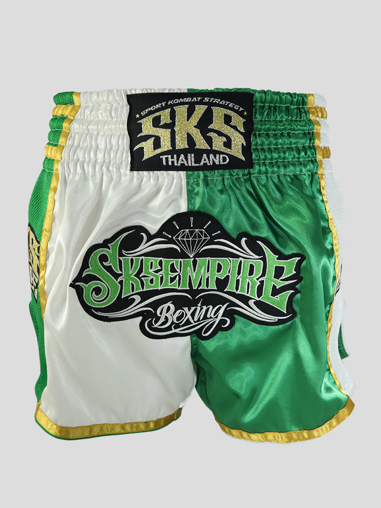 SKS Empire Retro Muaythai Thai Shorts -Two-Tone (White-Green)