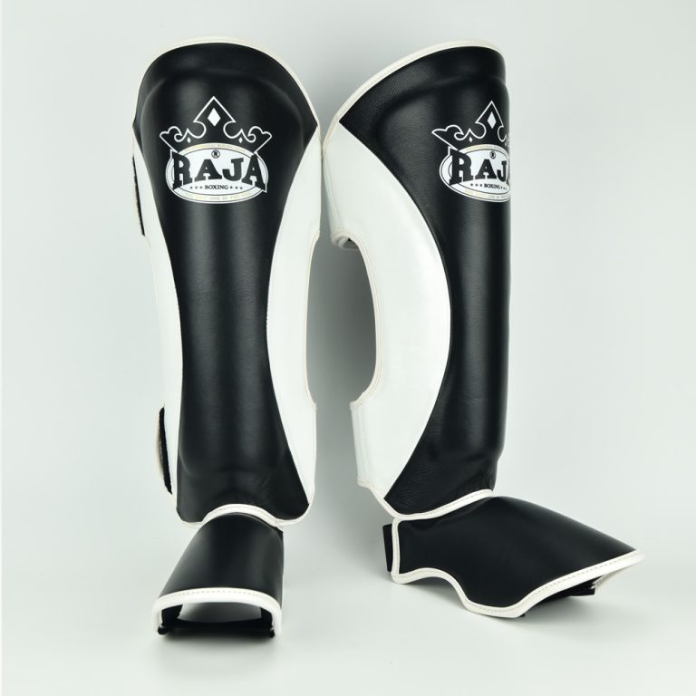 Authentic Leather Raja Shin Guards Black/White Split - KICKPUNCHELBOW