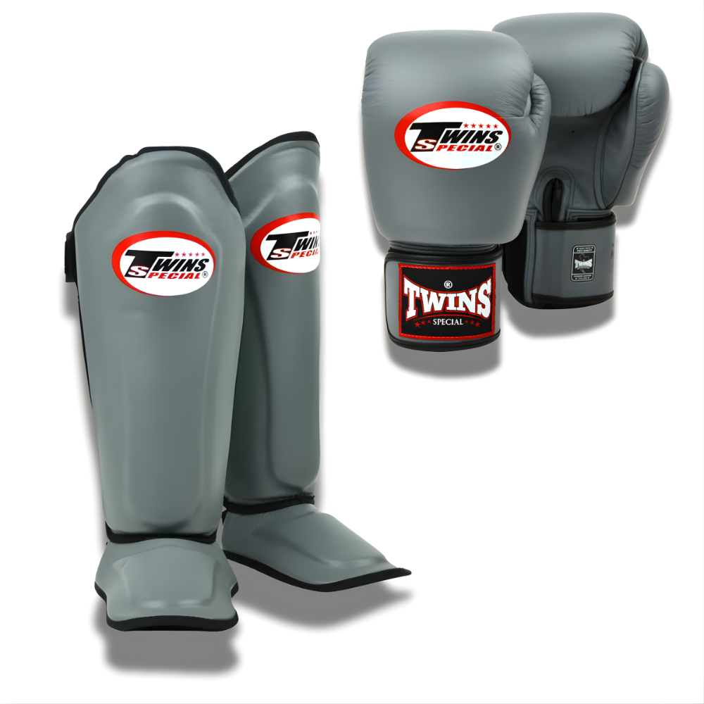 Twins Special Sparring Set BGVL3 Gloves/SGL10 Shin Guards in Grey, front view