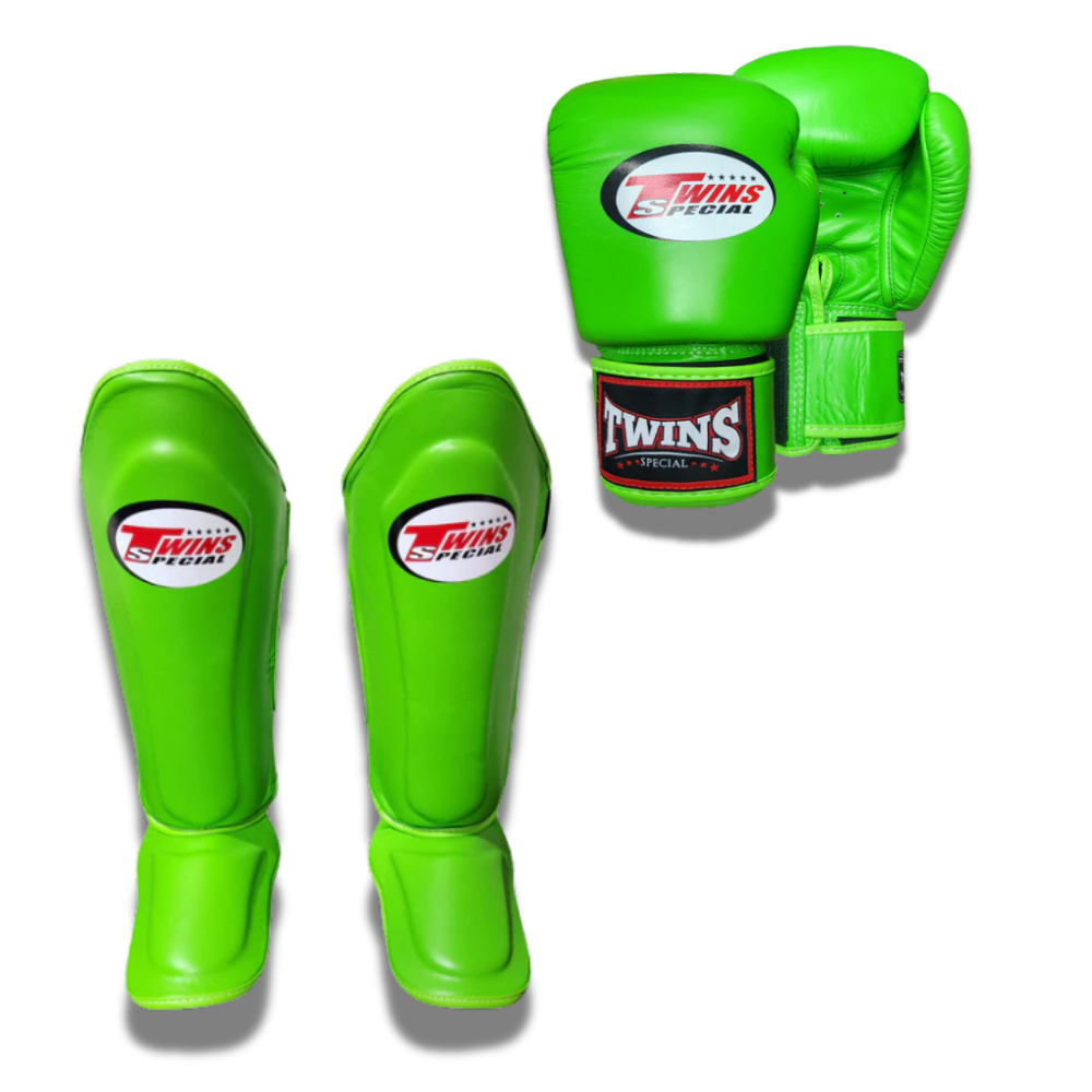 Twins Special Sparring Set BGVL3 Gloves/SGL10 Shin Guards in Green, front view