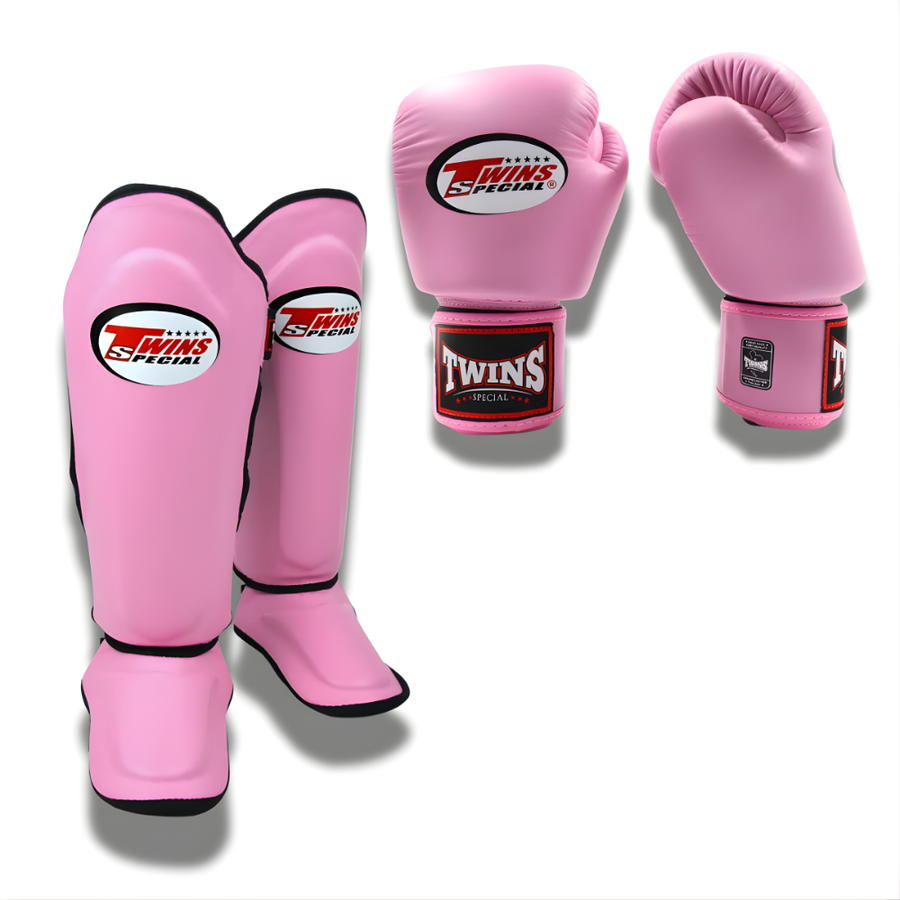Twins Special Sparring Set BGVL3 Gloves/SGL10 Shin Guards in Pink, front view