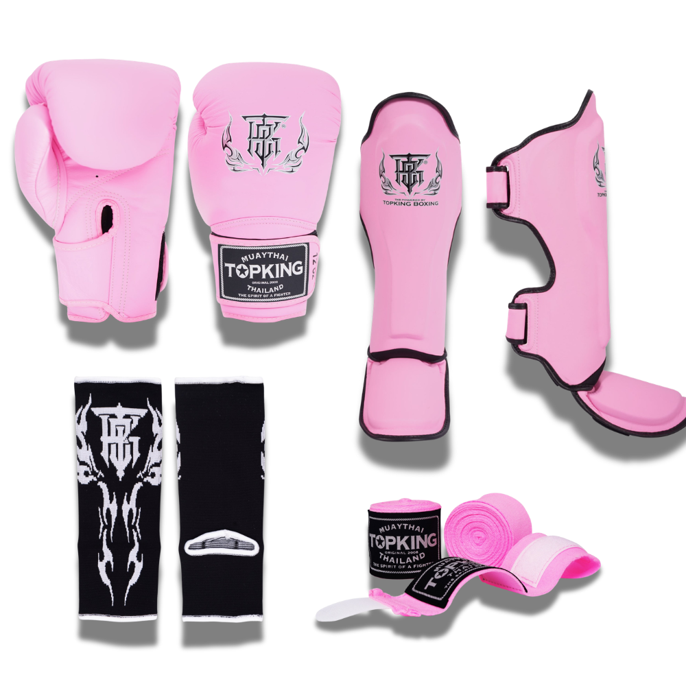 Top King - Sparring Set - Pro Gloves/Pro Shin Guards/TKB Handwraps/01 Ankle Guards - Pink