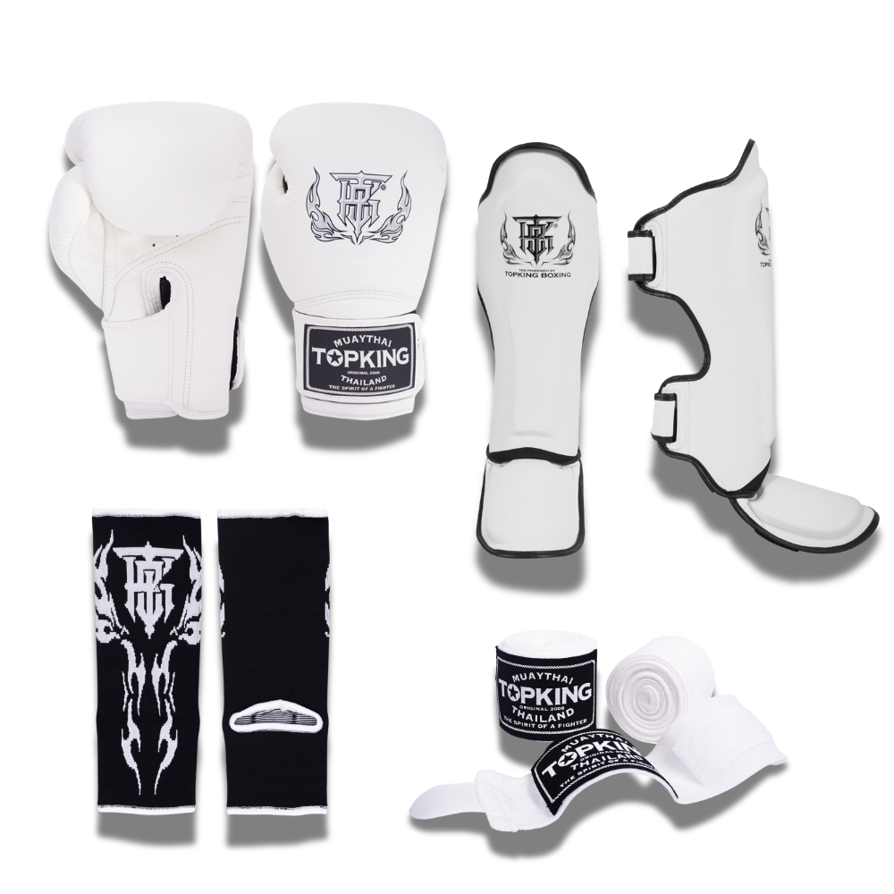 Top King - Sparring Set - Pro Gloves/Pro Shin Guards/TKB Handwraps/01 Ankle Guards - White(Copy)