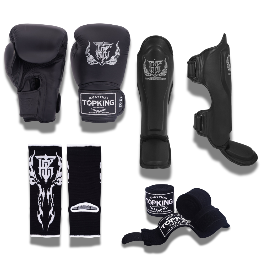 Top King - Sparring Set - Pro Gloves/Pro Shin Guards/TKB Handwraps/01 Ankle Guards - Black