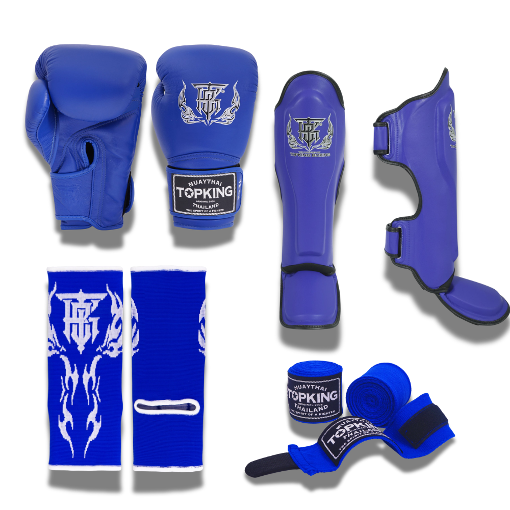 Top King - Sparring Set - Pro Gloves/Pro Shin Guards/TKB Handwraps/01 Ankle Guards - blue