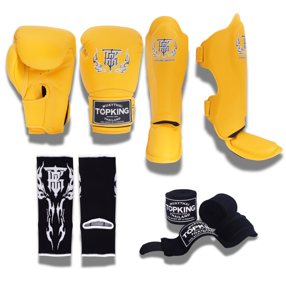 Top King - Sparring Set - Pro Gloves/Pro Shin Guards/TKB Handwraps/01 Ankle Guards - yellow