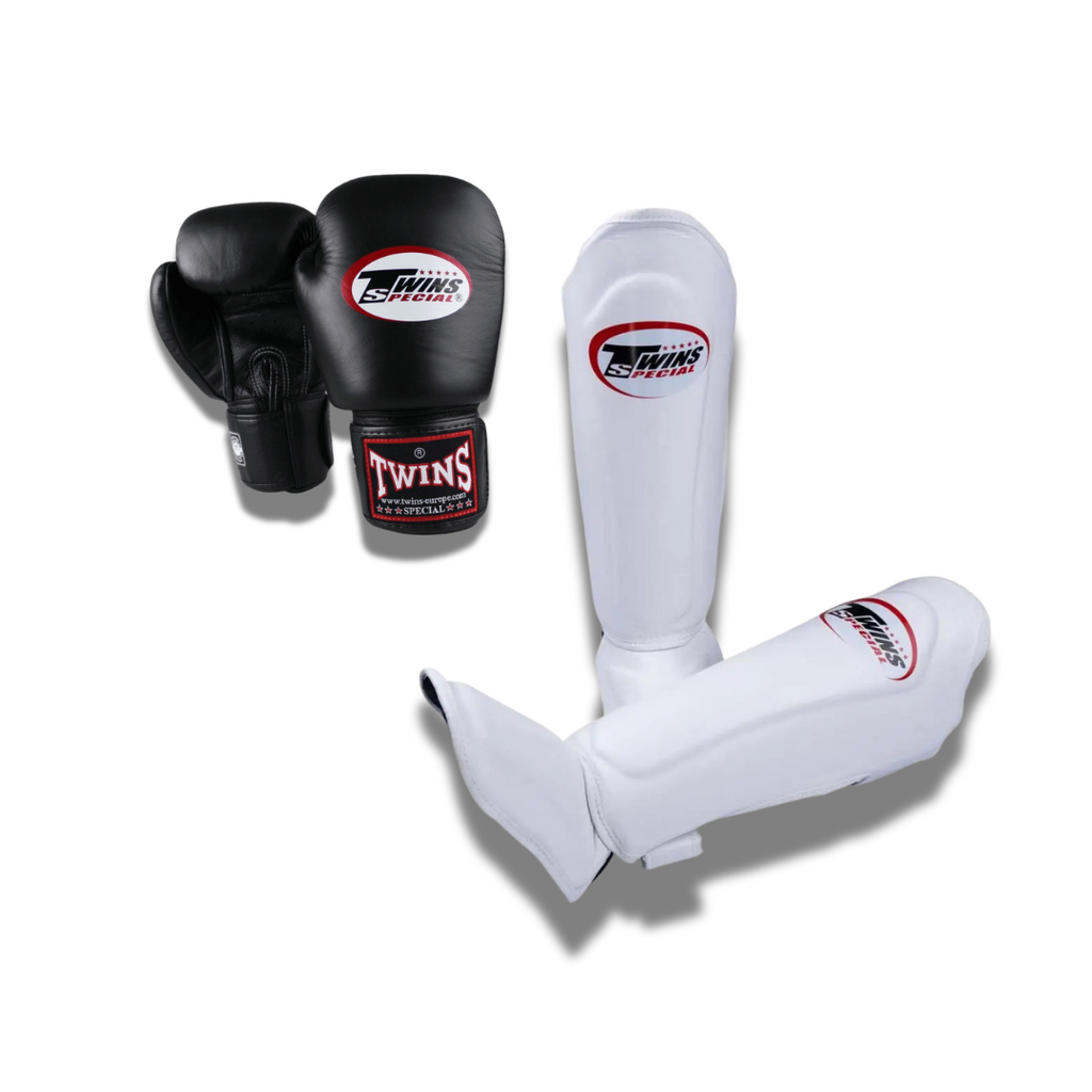 Twins Special Sparring Set BGVL3 Gloves/SGL10 Shin Guards in Black&White, front view