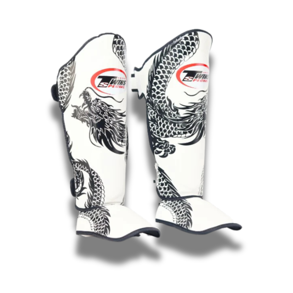 Twins Special FSGL10-49 Dragon White Muay Thai shin guards, genuine leather