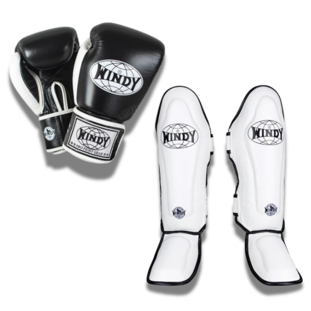 Windy - Sparring Set - Gloves/Shinguards - Black/White