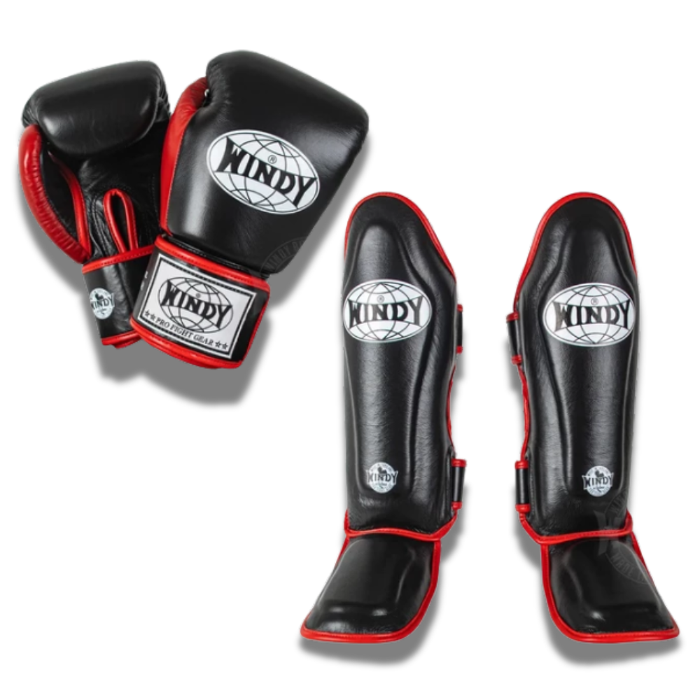 Windy - Sparring Set - Gloves/Shinguards - Black/Red