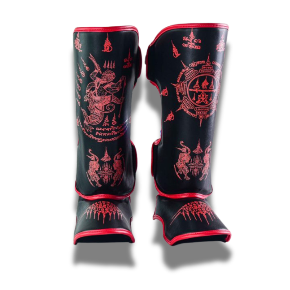 Authentic Leather Raja Shin Guards Sak Yant Black