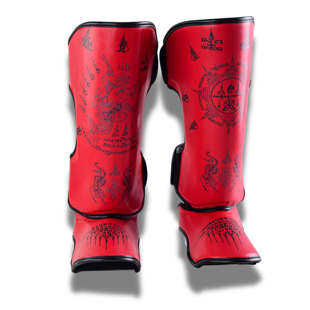 Authentic Leather Raja Shin Guards Sak Yant Red