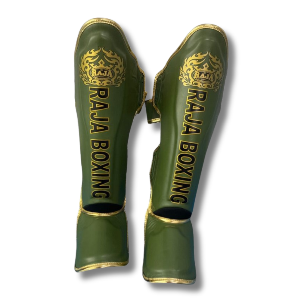 Raja Boxing - Shin Guards -Microfibre LS2 Lightweight -Green oak/Gold
