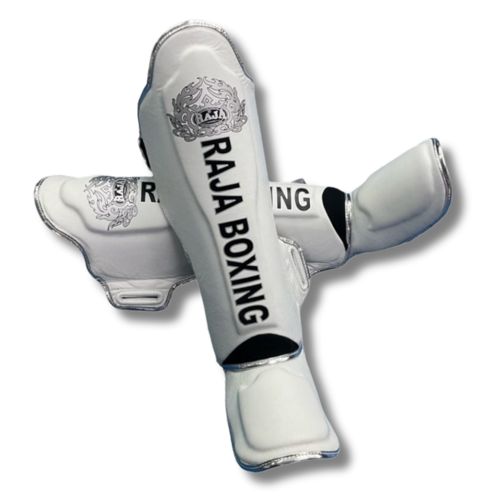 Raja Boxing - Shin Guards - Microfibre LS2 Lightweight - White/Sliver