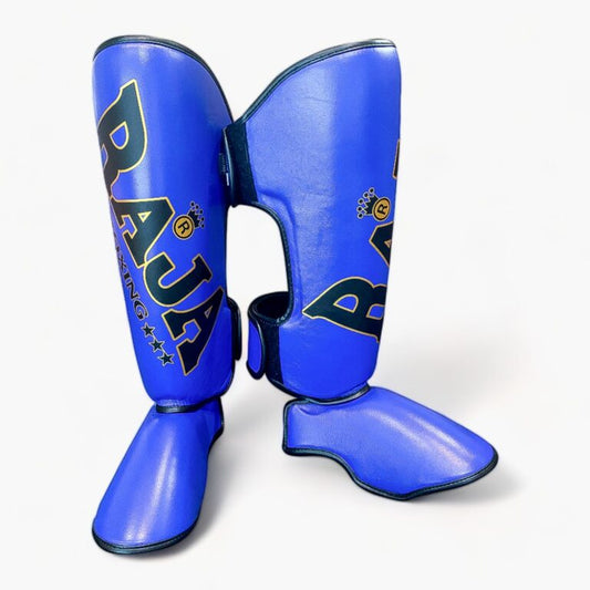 Authentic Leather Raja Shin Guards Big Text Blue - KICKPUNCHELBOW