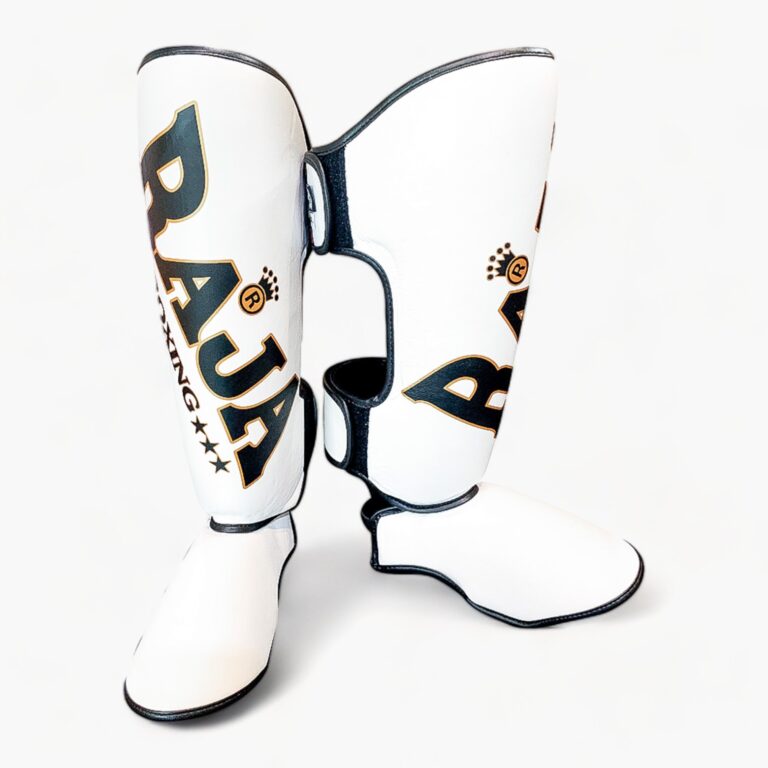 Authentic Leather Raja Shin Guards Big Text White - KICKPUNCHELBOW